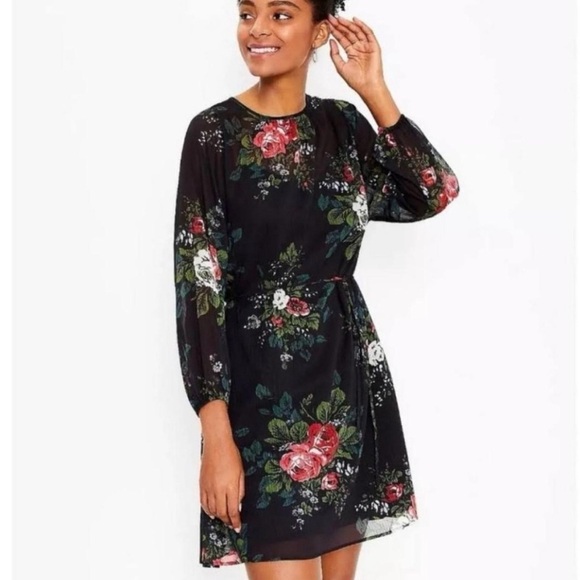 Gauzy navy floral petite LOFT dress with tie-waist - Picture 1 of 6